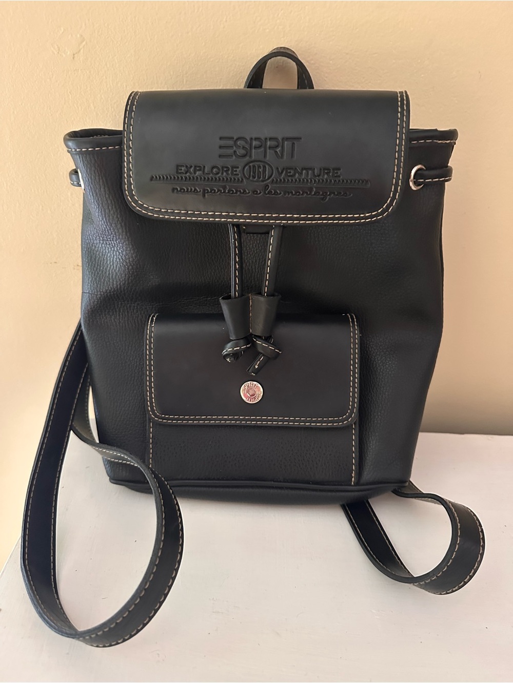 Esprit Black Faux-Leather Drawstring Backpack with Contrast Stitching